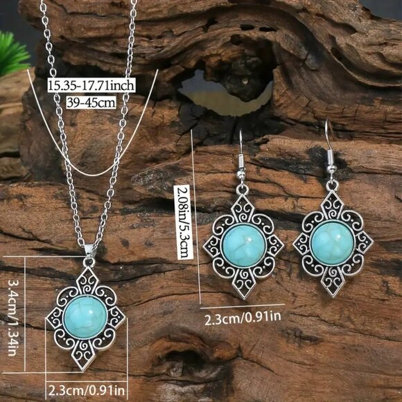 BJ Glamorous Vintage Style Floral Turquoise Gems Retro Necklace/Earring Set - Picture 6 of 7